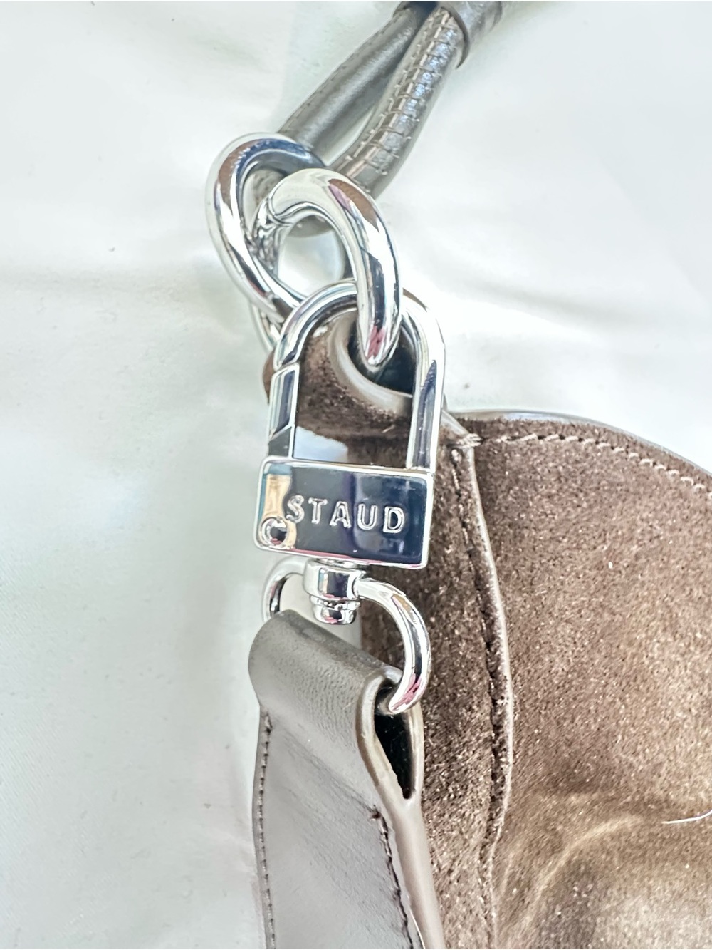 STAUD Mel Suede Shoulder Convertible Crossbody Bag with Leather Strap Truffle - Picture 7 of 9